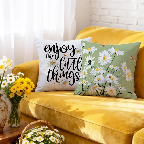 Miniatura 2 de Hexagram Juego de 4 fundas de almohada de primavera y verano de 16 x 16 pulgadas, diseño de margaritas florales para exteriores, funda de cojín azul