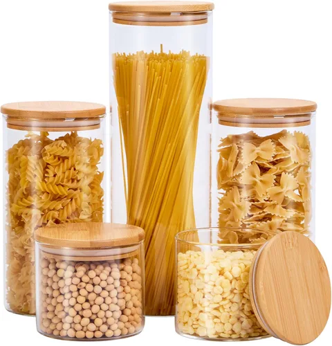 Miniatura 9 de Tarros de almacenamiento de vidrio cuadrados con tapas[Juego de 5], perfectos para pasta, galletas, nueces, café, cereal, harina, organice su cocina