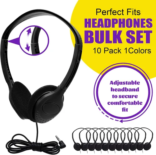 Miniatura 2 de Yunsailing Paquete de 10 auriculares con cable sobre la oreja a granel para estudiantes de aula escolar, diadema ajustable con conector de 0.138 in