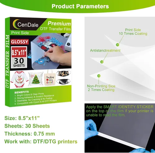 Miniatura 2 de CenDale Película de transferencia DTF de 8.5 x 11 pulgadas – 30 hojas de una sola cara para pretratar, papel de transferencia de calor PET