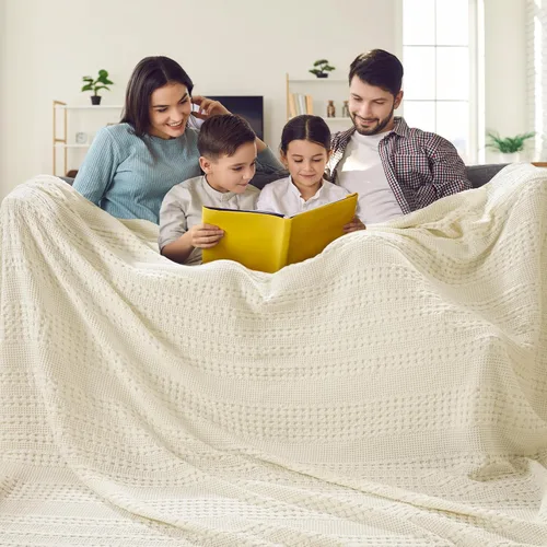 Miniatura 58 de PHF - Manta tejida de punto gofre 100% algodón, suave, ligera, transpirable, acogedora, de verano, para sofá y cama, tejida, estética, decoración