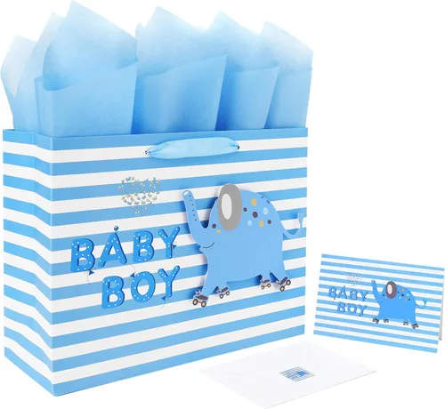 Miniatura 7 de Set de bolsa de regalo extra grande de 16.5” para bebé niño con asas, tarjeta de felicitación, papeles de seda azules y pegatinas para niños