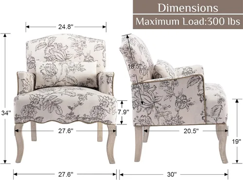 Miniatura 2 de Shunzhi Sillas de Acento Florales Estilo Granja Sillón Tapizado de Lino Silla de Lectura Moderna de Mediados de Siglo Sofá Individual con Almohada