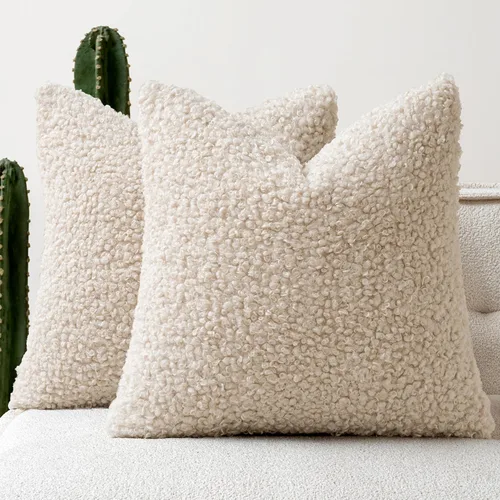 Juego de 2 fundas de almohada de piel sintética de 18 x 18 pulgadas, tipo bouclé, neutras, decorativas, de sherpa, suaves, de lana de oveja, tipo