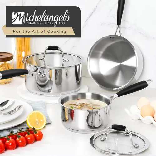 Miniatura 7 de MICHELANGELO Triply - Cacerola de acero inoxidable con tapa, 6 piezas, sartén de acero inoxidable con mango de baquelita, juego de cacerolas