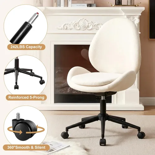 Miniatura 7 de Furniliving Silla de escritorio de felpilla sin brazos con ruedas, silla tapizada de oficina en casa con cojín de doble capa, silla giratoria Blanco