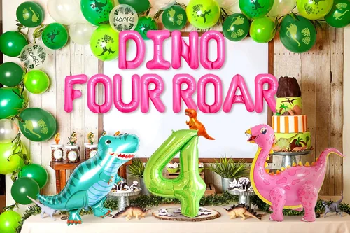 Miniatura 5 de LaVenty Globos de rugido de dinosaurio Rex para decoración de cumpleaños de 4 años, diseño de dinosaurio para niña
