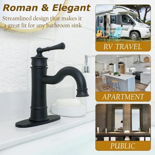 Miniatura 4 de Grifo de baño estilo romano de lavabo negro mate de un solo agujero con montaje en cubierta, drenaje emergente con placa de cubierta y Mate negro