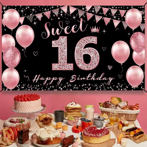 Miniatura 4 de Vicycaty Decoraciones de cumpleaños de 16 años – Cartel de fondo, decoración de fiesta de feliz 16 para niñas, cartel de 16 yardas de oro rosa