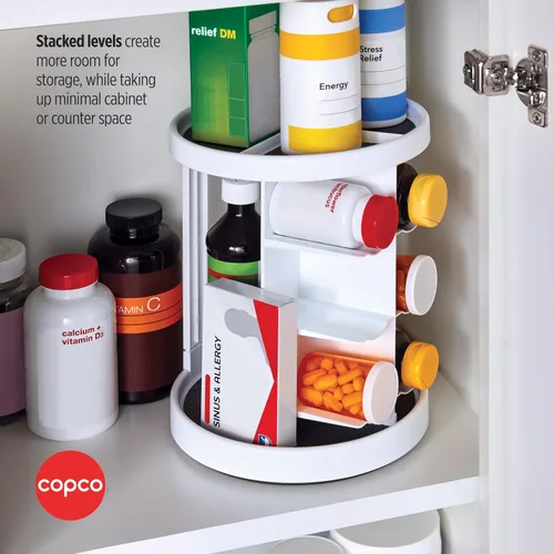 Miniatura 4 de Copco Tocadiscos de vitaminas de 2 niveles blanco y gris con 6 cunas para vitaminas, suplementos, etc. con agarre antideslizante y capas apiladas