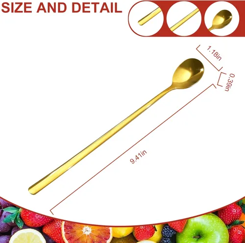 Miniatura 2 de Cuchara de mango largo (2023) Cuchara de té helado dorada, cuchara de café de acero inoxidable de 9.41 pulgadas, cuchara agitadora de cóctel