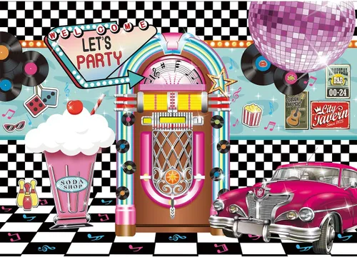 Telón de fondo de 7 x 5 pies de regreso a los años 50 para decoraciones de fiesta de cumpleaños de los años 50, decoración de fiesta de Sock Hop,