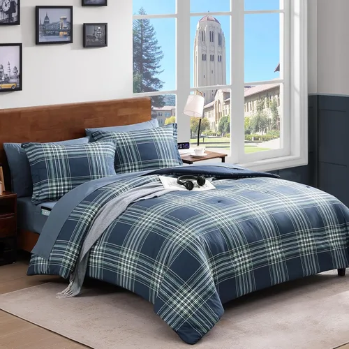 Miniatura 18 de AMBERSPACE Juego de edredón tamaño matrimonial, juego de ropa de cama a cuadros azul gris de 7 piezas para niños, niñas y adolescentes, juego