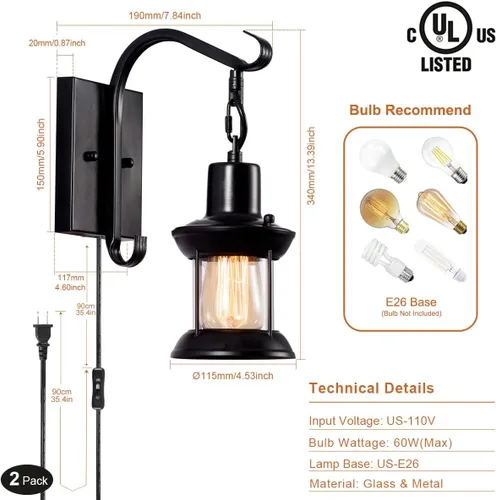 Miniatura 2 de GLADFRESIT Lámparas de pared rústicas, aplique de pared tipo farol enchufable, apliques de pared antiguos negros, luminarias de iluminación de pared