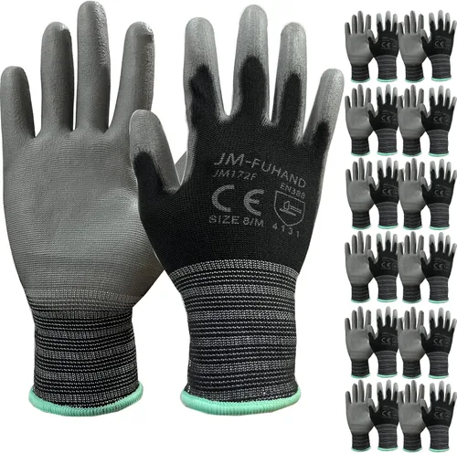 Miniatura 11 de Guantes de trabajo de seguridad ultrafinos con revestimiento de poliuretano (poliuretano), 12 pares, ideales para trabajos ligeros (gris, pequeño)