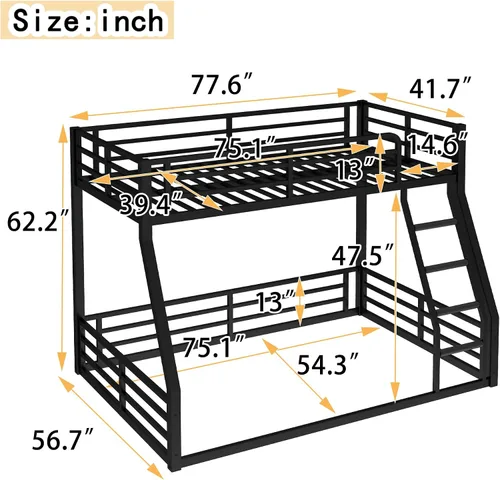 Miniatura 2 de Litera de metal resistente de tamaño individual sobre matrimonial, con escalera integrada y barandilla de seguridad para niños, adolescentes