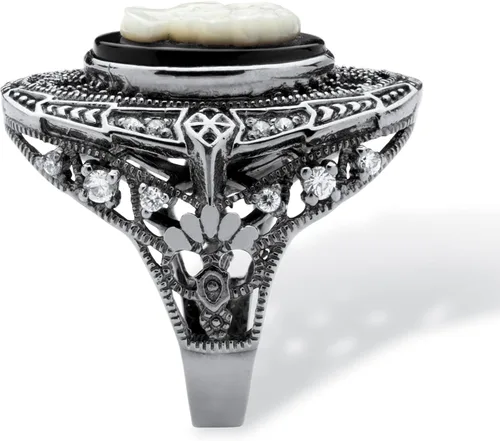 Miniatura 2 de PalmBeach Black Ruthenium Plated Sterling Silver Cameo Oval Shaped Natural Onyx and Round Cubic Zirconia Cameo Ring Sizes 6-10