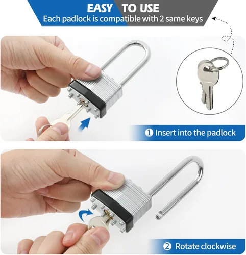 Miniatura 3 de Candados con llave igual, candados chapados en níquel, juego de 12, cerradura de llave con cuerpo de 1-9/16 pulgadas de ancho, grillete largo de 2
