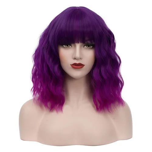 Miniatura 11 de BUFASHION Peluca rizada corta ondulada de 14 pulgadas para mujer, peluca sintética para cosplay, Halloween, peluca con flequillo lateral (negro)