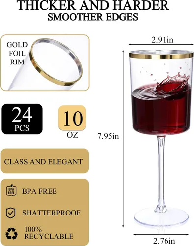 Miniatura 2 de Ciaell Paquete de 12 copas de vino de plástico, copas de vino de plástico de 10 onzas con tallo - Vasos desechables con borde dorado para fiestas
