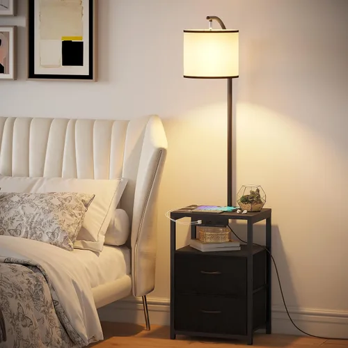 Miniatura 7 de SUNMORY Lámpara de pie con mesa y 2 cajones, lámpara con puerto USB y toma de corriente, lámparas para mesita de noche con bombilla LED de 3 Negro