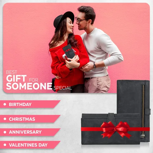 Miniatura 7 de Cartera de cuero real para mujer con bloqueo RFID, diseño triple tarjetero para damas con ventana de identificación