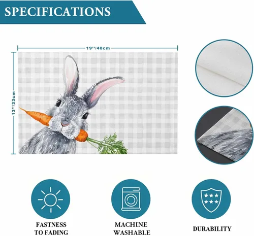 Miniatura 8 de Easter Placemats Funny Rabbit Carrots Place Mats for Dining Room Dinner Table Leaves Retro Washable Table Mats Spring Easter Day Kitchen Decorations
