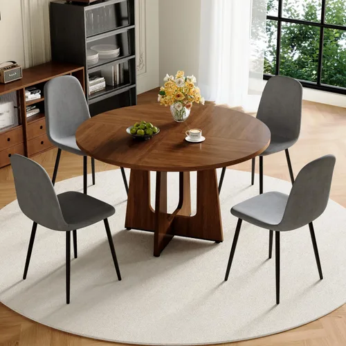 Miniatura 16 de Juego de mesa de comedor redonda de 47 pulgadas para 4, mesa de grano de madera de nogal y 4 sillas tapizadas de piel sintética negra, juego de mesa