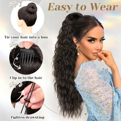 Miniatura 6 de KooKaStyle Extensión de cola de caballo con cordón de 26 pulgadas (66 cm) para mujeres, extensiones de cabello sintético rizado largo para uso