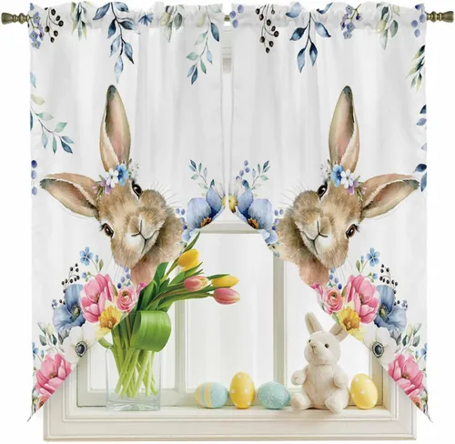 BEMIGO Cortinas de cenefa, conejito azul de Pascua, bolsillo para barra, 2 unidades, 28 x 36 pulgadas, decoración de dormitorio de cocina,