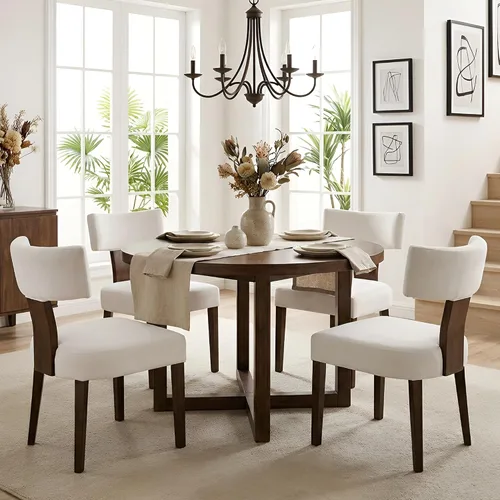 Miniatura 42 de HNY Juego de 6 sillas de comedor de ratán de estilo de mediados de siglo, silla de acento tapizada en lino de estilo granja con respaldo curvo