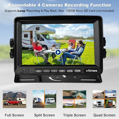 Miniatura 6 de VTimes Cámara de respaldo inalámbrica para camiones, cámara de respaldo RV con monitor HD de 7 pulgadas, pantalla dividida de 4 canales, alerta BSD