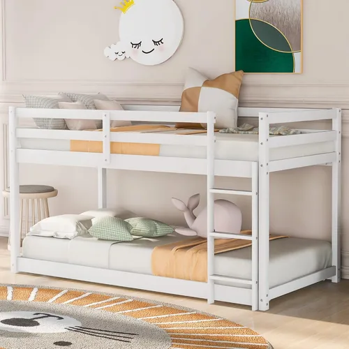 Miniatura 10 de Cama baja de tamaño individual con escalera convertible, se puede colocar a la izquierda o derecha, marco de cama de madera para dormitorio