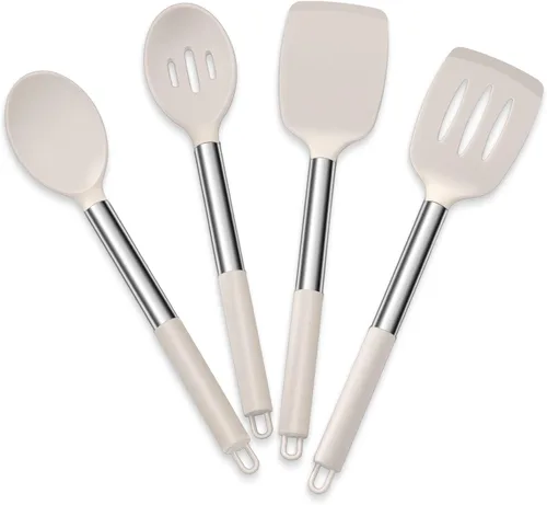 E-far - Juego de utensilios de cocina de 4 piezas, utensilios de cocina de silicona para utensilios de cocina antiadherentes, espátula ranurada Caqui