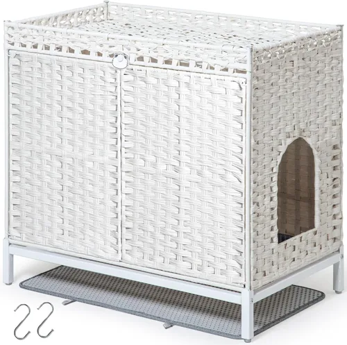 Miniatura 12 de SETVSON Mueble Caja de Arena para Gatos, Caja de Arena Oculta de Ratán Tejido a Mano con Alfombrilla, Casa Grande para Gatos con Patas Elevadas
