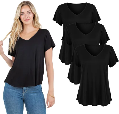 Azules Camiseta de manga corta con cuello en V para mujer, suave, elástica, holgada, casual, transpirable, talla grande, cuello en V
