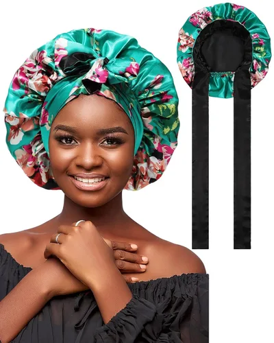 Miniatura 13 de AWAYTR Gorro de satén de seda para dormir para mujeres con cabello rizado, gorro de dormir reversible de doble capa con banda de amarre (azul) 7