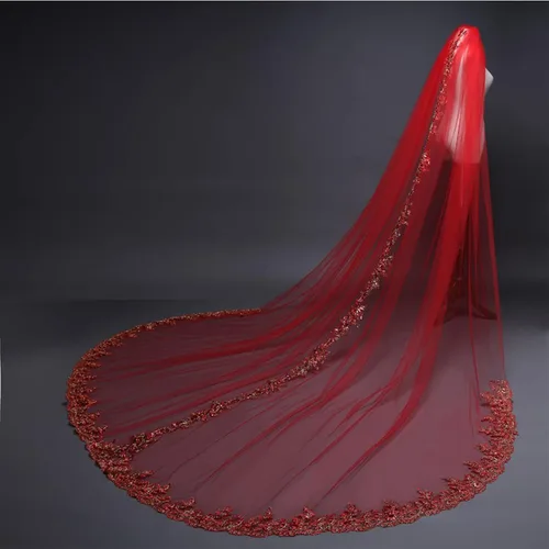 Miniatura 2 de Velo de novia, rojo de una sola capa, borde de encaje, 9.8 ft de largo, velo de cola ensanchada, con peine, adecuado para fotografía de boda, foto