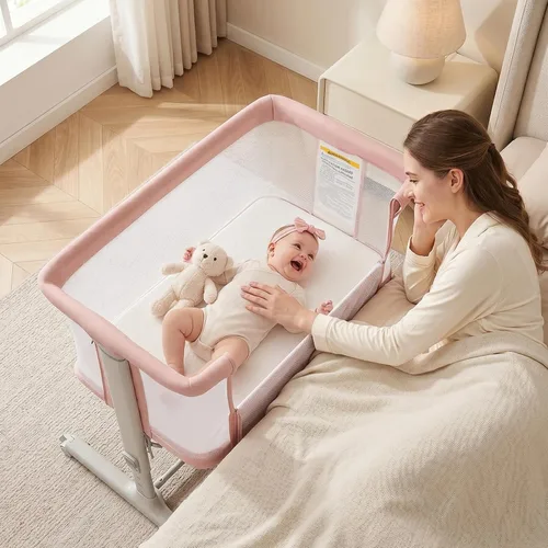INFANS Cuna de bebé 3 en 1, cuna lateral para recién nacido, cuna plegable con colchón, bolsa de viaje, ruedas, malla de 4 lados, cuna de montaje