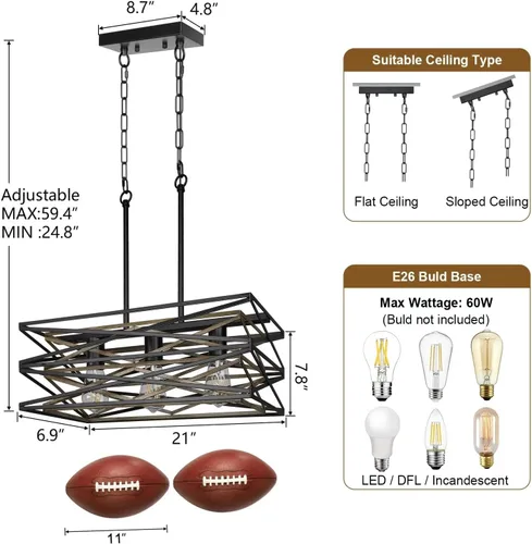 Miniatura 5 de Sigaitwei Lámpara de comedor de granja de 21 pulgadas, iluminación de isla de cocina de 3 luces, lámpara industrial para comedor, sobre mesa
