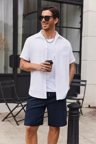 Miniatura 3 de COOFANDY Pantalones cortos cargo de sarga de algodón para hombre, con cordón elástico, cintura elástica, casual, con 5 bolsillos