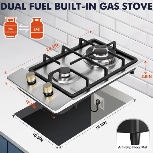 Miniatura 5 de Llamaviva - Estufa de gas de 12 pulgadas, estufa de propano con 2 quemadores, estufa de gas portátil de acero inoxidable, doble combustible