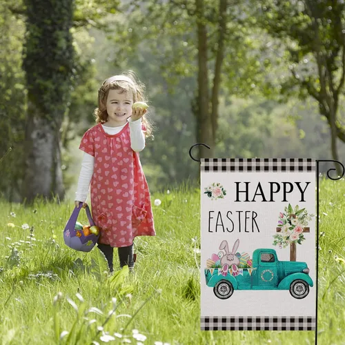 Miniatura 6 de Bandera de jardín con texto en inglés «Happy Easter» – Bandera de jardín de mariposa floral de 12 x 18 pulgadas para decoración al aire libre