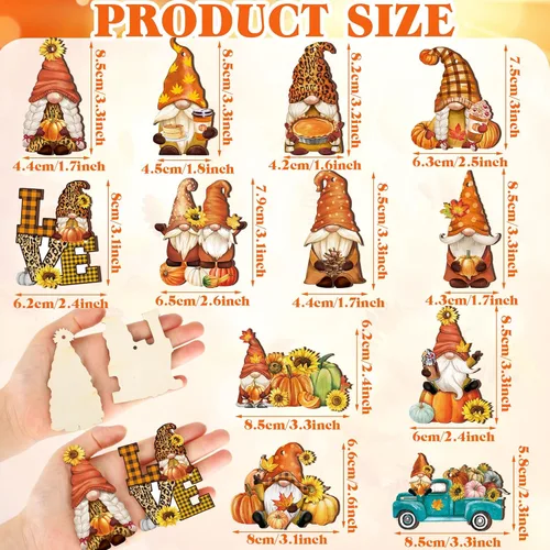 Miniatura 2 de FairySandy 36 piezas de decoración y adornos de árbol de otoño, gnomos de Acción de Gracias, adornos colgantes de madera, calabazas, hojas, flores