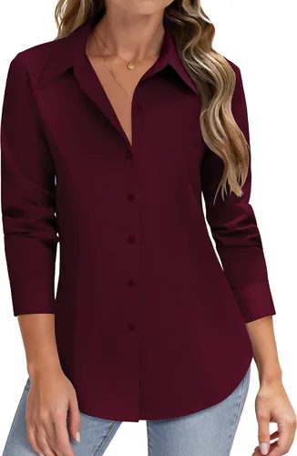 Miniatura 13 de HOTOUCH Camisas de manga larga con botones para mujer, camisas de vestir con protección contra manchas, ajuste delgado, blusas de trabajo, oficina