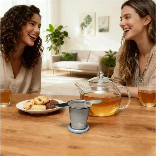 Miniatura 9 de 3 unidades de malla extra fina infusor de té con tapa/bandeja de goteo para té rooibos de hojas sueltas, filtro de té y café de acero inoxidable 304