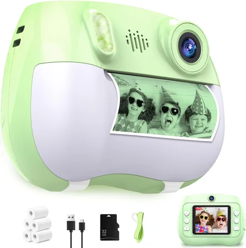Cámara para niños con impresión instantánea 1080P frontal y trasera dual selfie – Cámaras para niños pequeños con videojuegos digitales, 32 GB y