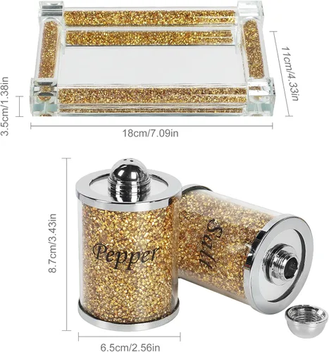 Miniatura 5 de Juego de saleros y pimenteros de cristal con bandeja, decoración de casa de diamantes triturados de cristal brillante para cocina, tarro de sal