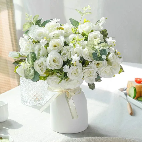 Miniatura 12 de LESING Ramos de flores artificiales de hortensias de seda con jarrón, flores falsas rústicas para decoración del hogar, centro de mesa (champán)