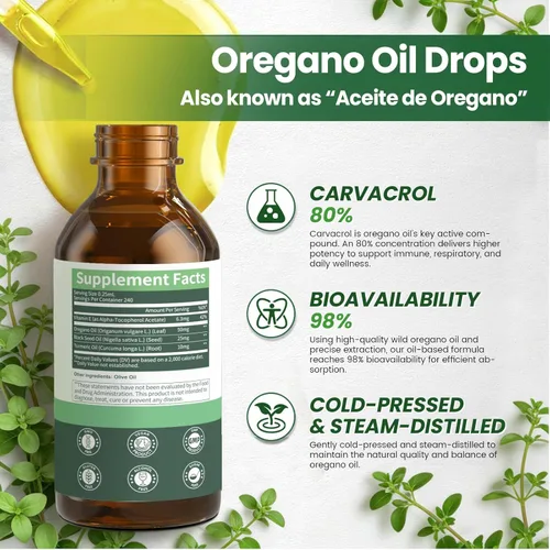 Miniatura 6 de Aceite de orégano con aceite de semilla negra, gotas de aceite de orégano 4 en 1 con aceite de cúrcuma y vitamina E, 80% Carvacrol, inmune